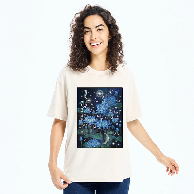 Tokyo-Tiger Night Lotus Star Soft Zen Graphic Washed T-Shirt