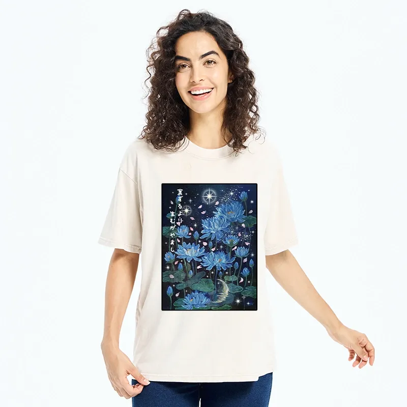 Tokyo-Tiger Night Lotus Star Soft Zen Graphic Washed T-Shirt