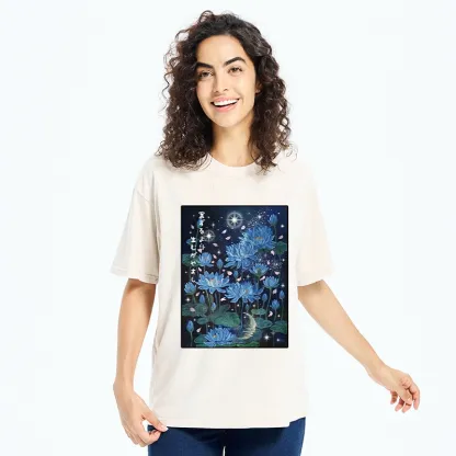 Tokyo-Tiger Night Lotus Star Soft Zen Graphic Washed T-Shirt