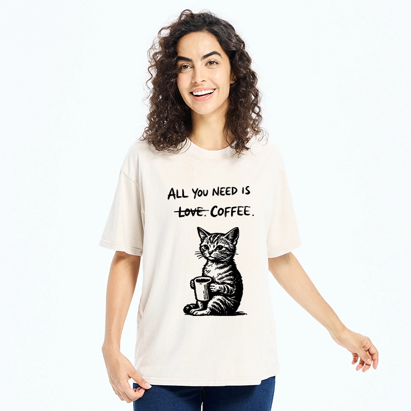Tokyo-Tiger Cute Cat Coffee Daily Happy Vibe Washed T-Shirt