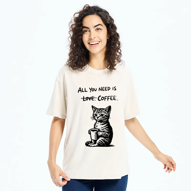 Tokyo-Tiger Cute Cat Coffee Daily Happy Vibe Washed T-Shirt