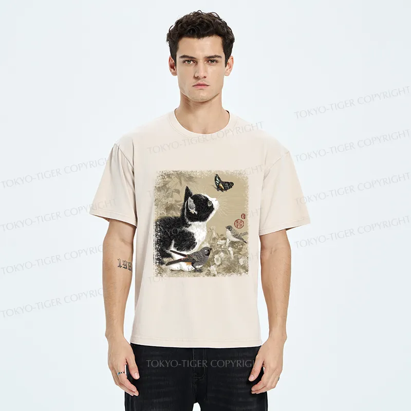 Tokyo-Tiger Cat and Butterfly: A Playful Encounter Washed T-Shirt