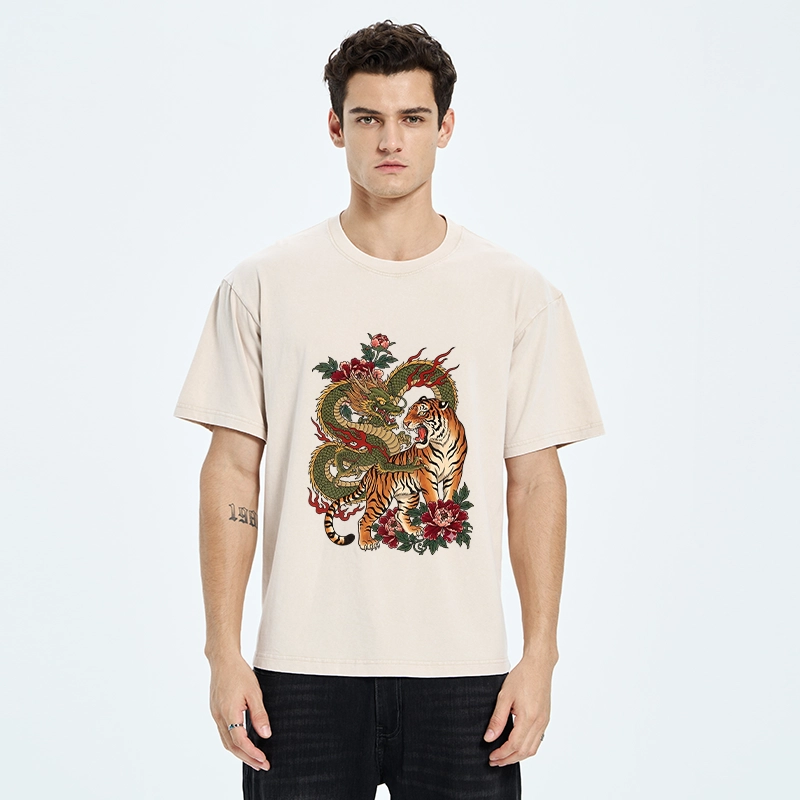 Tokyo-Tiger Vintage Asian Dragon Tiger Floral Vibe Washed T-Shirt