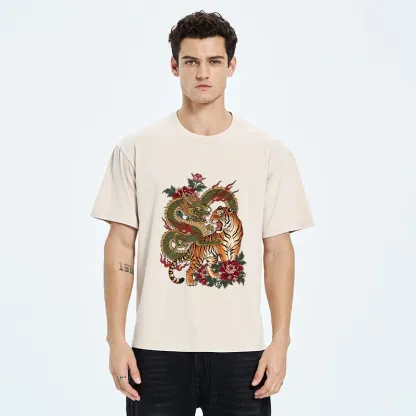 Tokyo-Tiger Vintage Asian Dragon Tiger Floral Vibe Washed T-Shirt