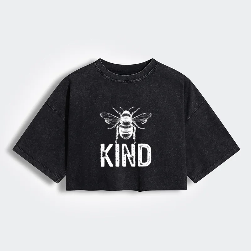 Tokyo-Tiger Minimalist Bee Kind Illustration Women's Washed Crop T-Shirt