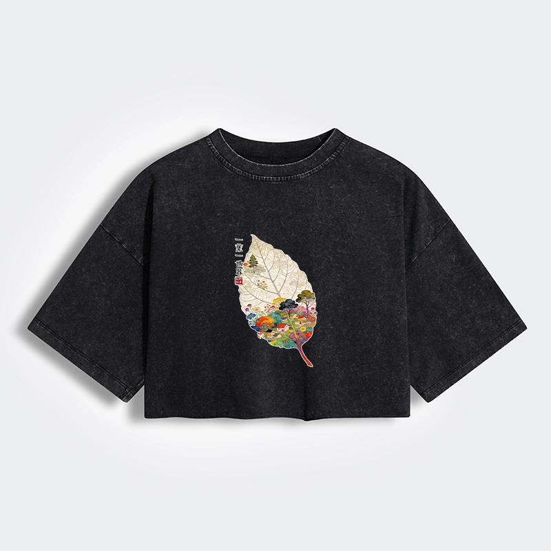 Tokyo-Tiger One Leaf Holds A Tiny Colorful World Women's Washed Crop T-Shirt