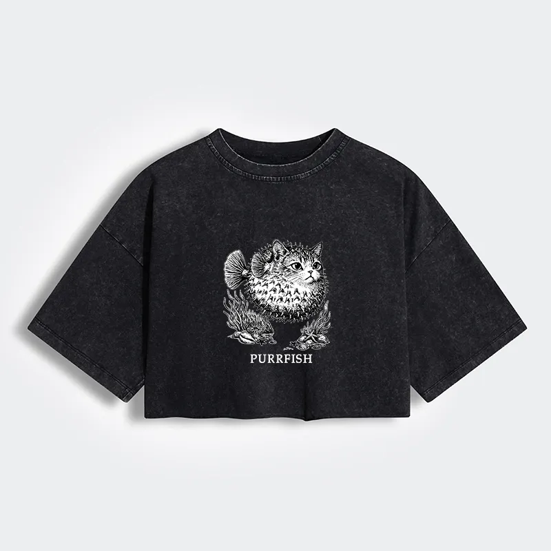 Tokyo-Tiger Spiky Puffer With Cute Cat Head Women's Washed Crop T-Shirt