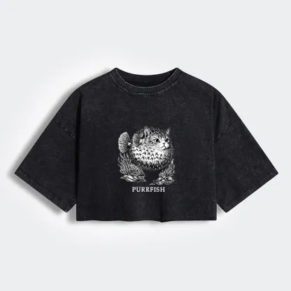 Tokyo-Tiger Spiky Puffer With Cute Cat Head Women's Washed Crop T-Shirt