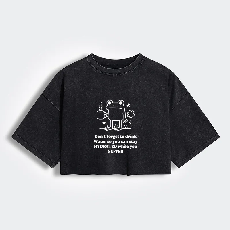 Tokyo-Tiger Frog Says Drink Water Women's Washed Crop T-Shirt