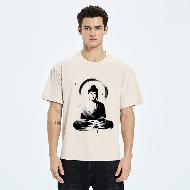 Tokyo-Tiger Serene Mountain Buddha Zen Art Washed T-Shirt