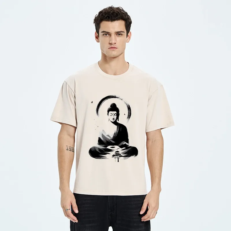 Tokyo-Tiger Serene Mountain Buddha Zen Art Washed T-Shirt
