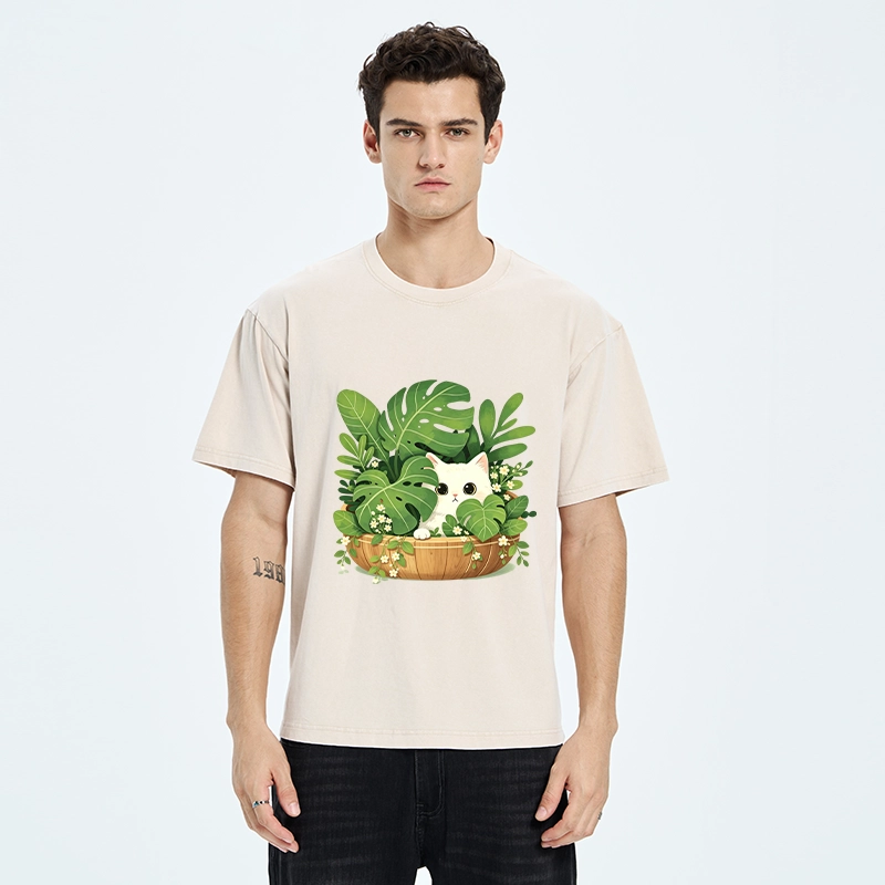 Tokyo-Tiger Sweet White Cat Green Plant Vibe Washed T-Shirt
