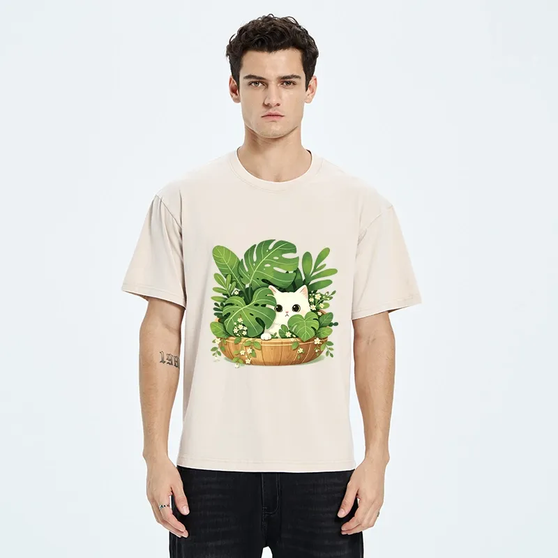 Tokyo-Tiger Sweet White Cat Green Plant Vibe Washed T-Shirt