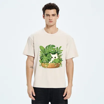 Tokyo-Tiger Sweet White Cat Green Plant Vibe Washed T-Shirt