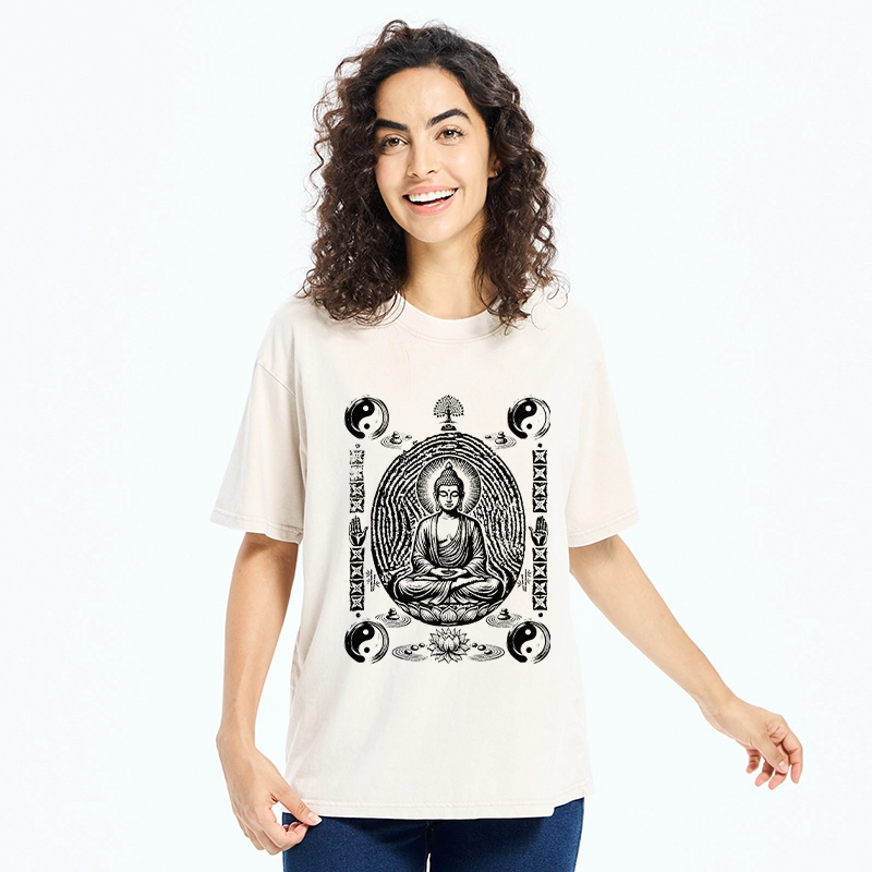 Tokyo-Tiger Minimal Spiritual Buddha Ink Art Washed T-Shirt