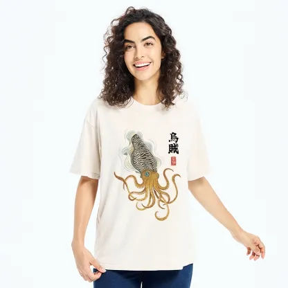 Tokyo-Tiger Ink Style Cuttlefish Japan Art Washed T-Shirt