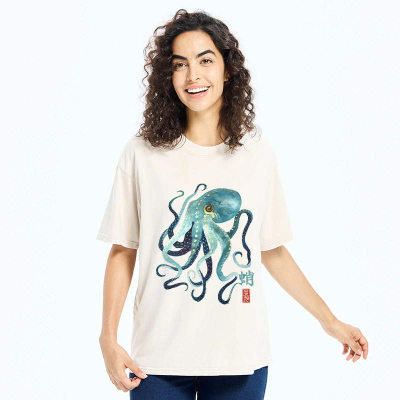 Tokyo-Tiger Soft Watercolor Octopus Japanese Art Washed T-Shirt