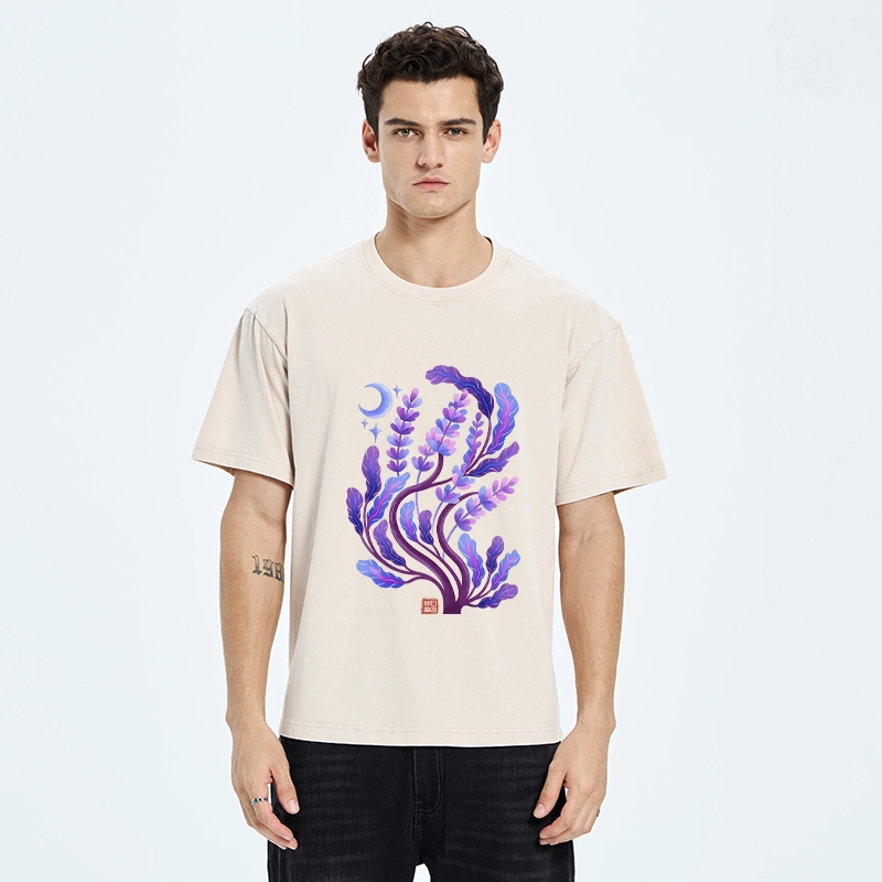Tokyo-Tiger Peaceful Purple Floral Night Art Washed T-Shirt