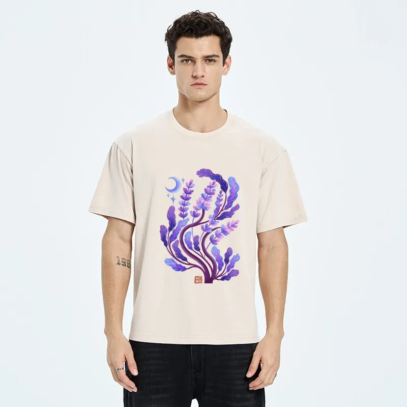 Tokyo-Tiger Peaceful Purple Floral Night Art Washed T-Shirt