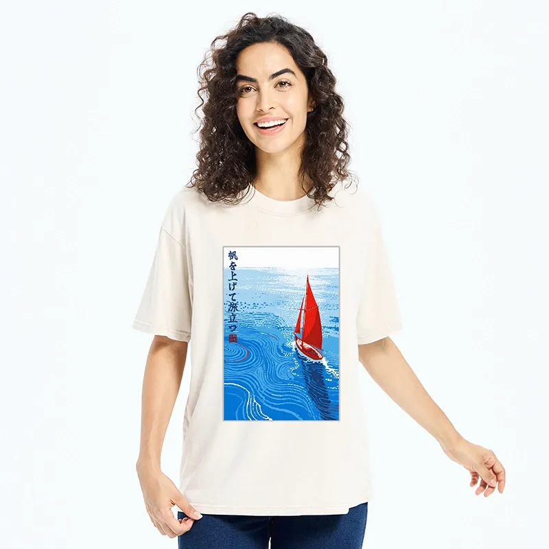 Tokyo-Tiger Bright Blue Sea Sail Journey Art Washed T-Shirt