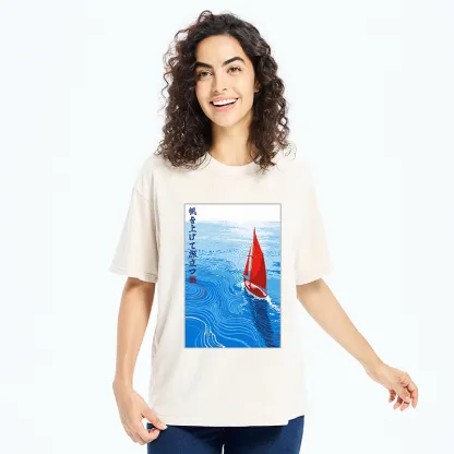 Tokyo-Tiger Bright Blue Sea Sail Journey Art Washed T-Shirt