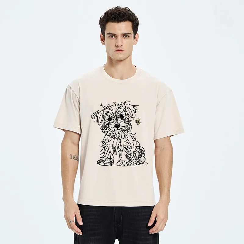 Tokyo-Tiger Simple Line Dog Tiny Butterfly Washed T-Shirt