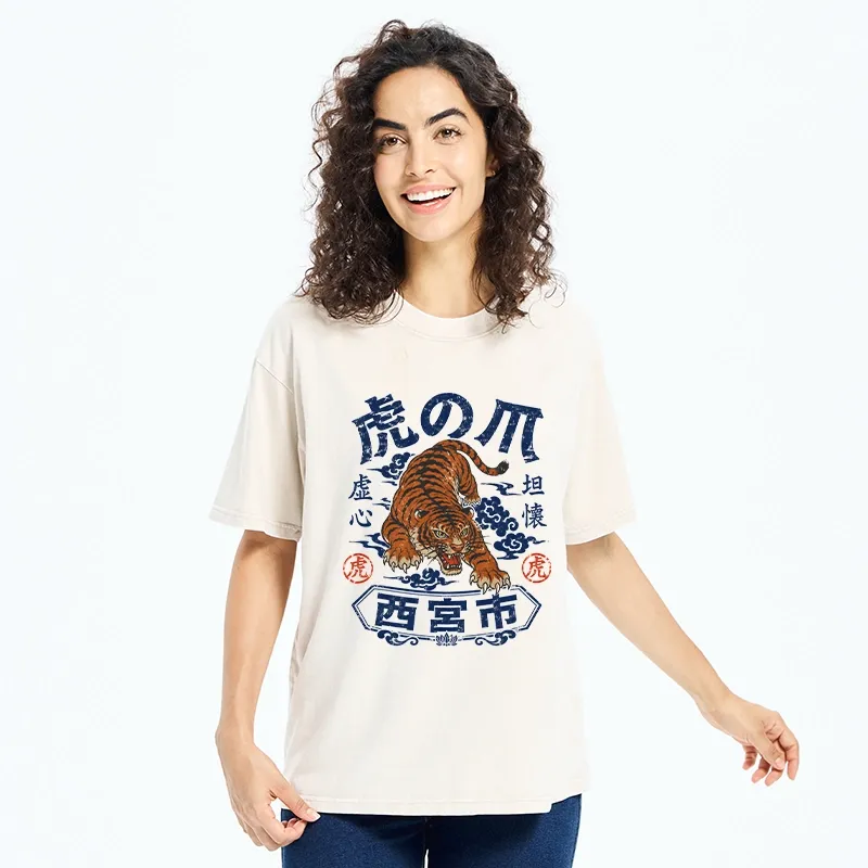 Tokyo-Tiger Brave Tiger Traditional Print Washed T-Shirt