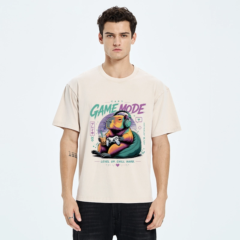 Tokyo-Tiger Cozy Capybara Play Video Games Washed T-Shirt