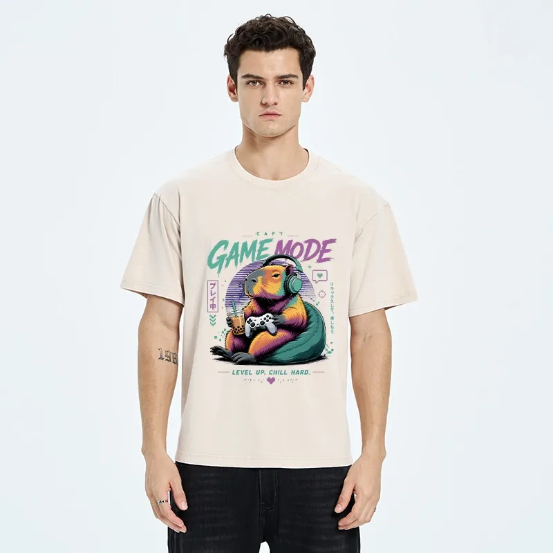 Tokyo-Tiger Cozy Capybara Play Video Games Washed T-Shirt