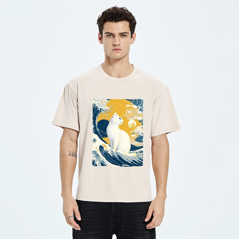 Tokyo-Tiger Ukiyo Cat Giant Ocean Wave Print Washed T-Shirt