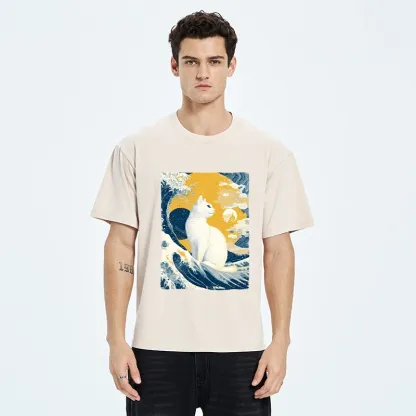 Tokyo-Tiger Ukiyo Cat Giant Ocean Wave Print Washed T-Shirt
