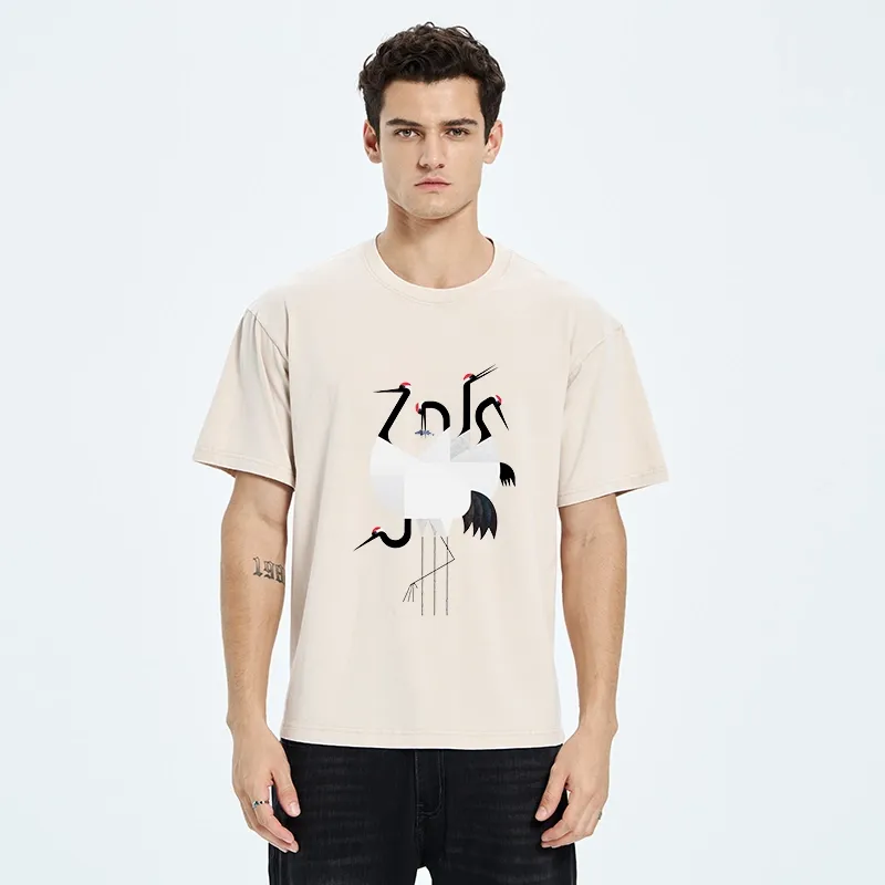 Tokyo-Tiger Minimal Shaped Cranes Simple Graphic Washed T-Shirt