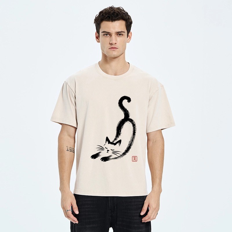 Tokyo-Tiger Soft Ink Stretch Cat Oriental Brush Art Washed T-Shirt