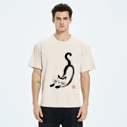 Tokyo-Tiger Soft Ink Stretch Cat Oriental Brush Art Washed T-Shirt