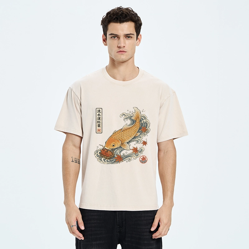 Tokyo-Tiger Golden Koi Carp Maple Leaf Wave Art Washed T-Shirt