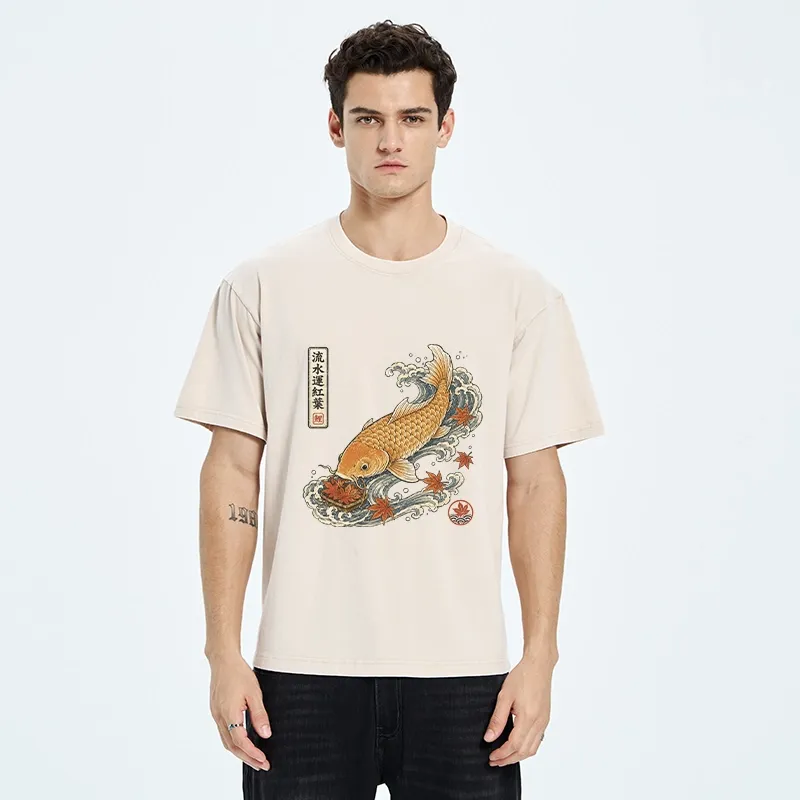 Tokyo-Tiger Golden Koi Carp Maple Leaf Wave Art Washed T-Shirt