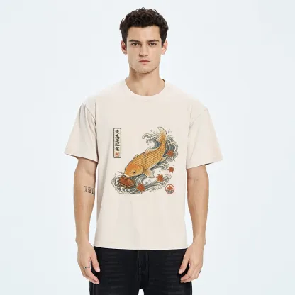 Tokyo-Tiger Golden Koi Carp Maple Leaf Wave Art Washed T-Shirt