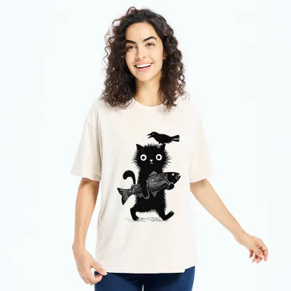 Tokyo-Tiger Wild Fluffy Cat Fish Crow Vintage Print Washed T-Shirt