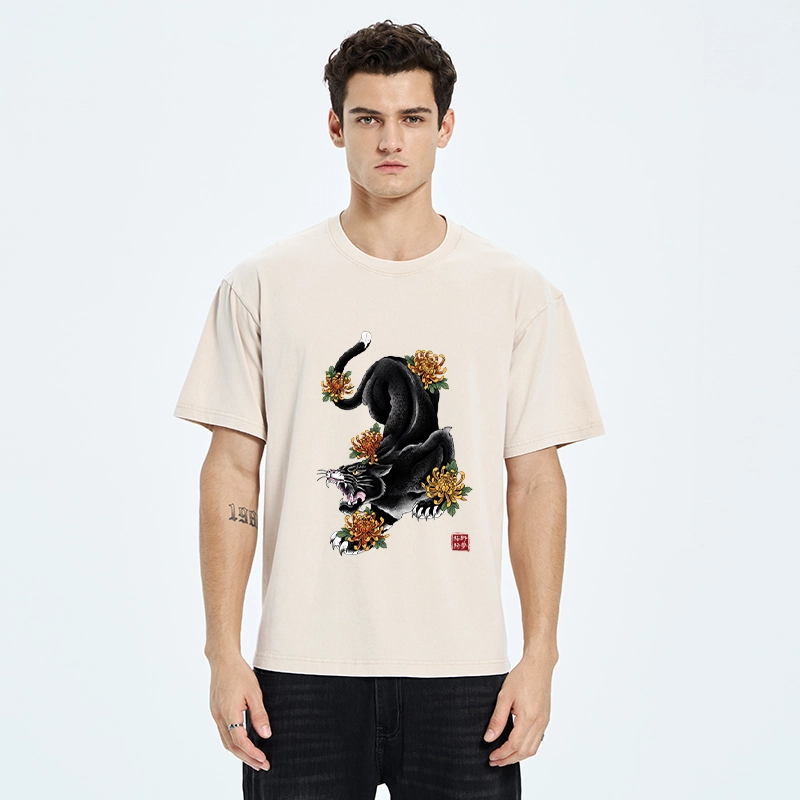 Tokyo-Tiger Wild Black Cat Panther Autumn Flower Graphic Washed T-Shirt