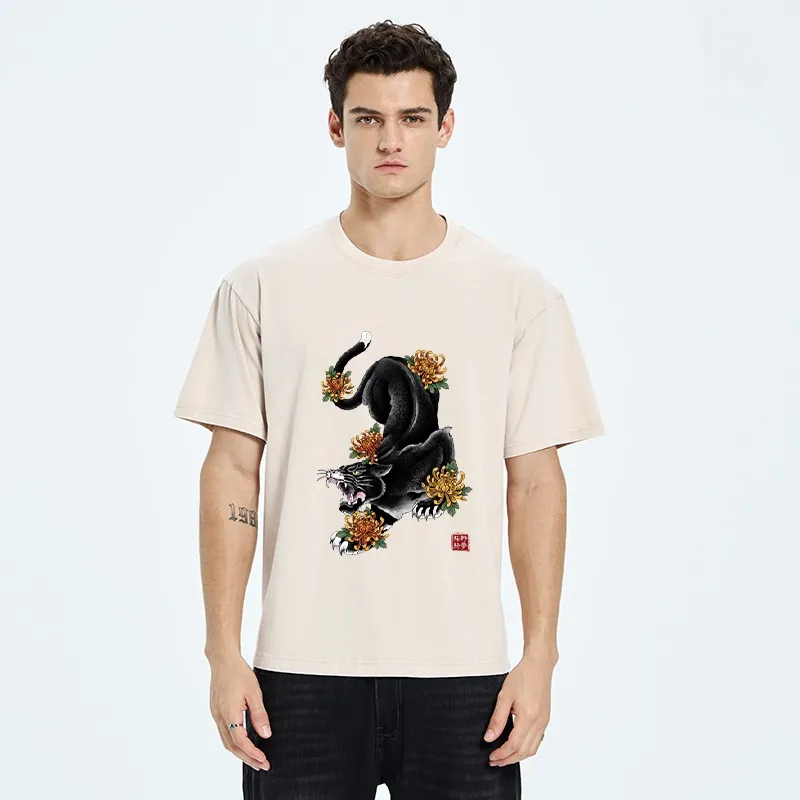 Tokyo-Tiger Wild Black Cat Panther Autumn Flower Graphic Washed T-Shirt