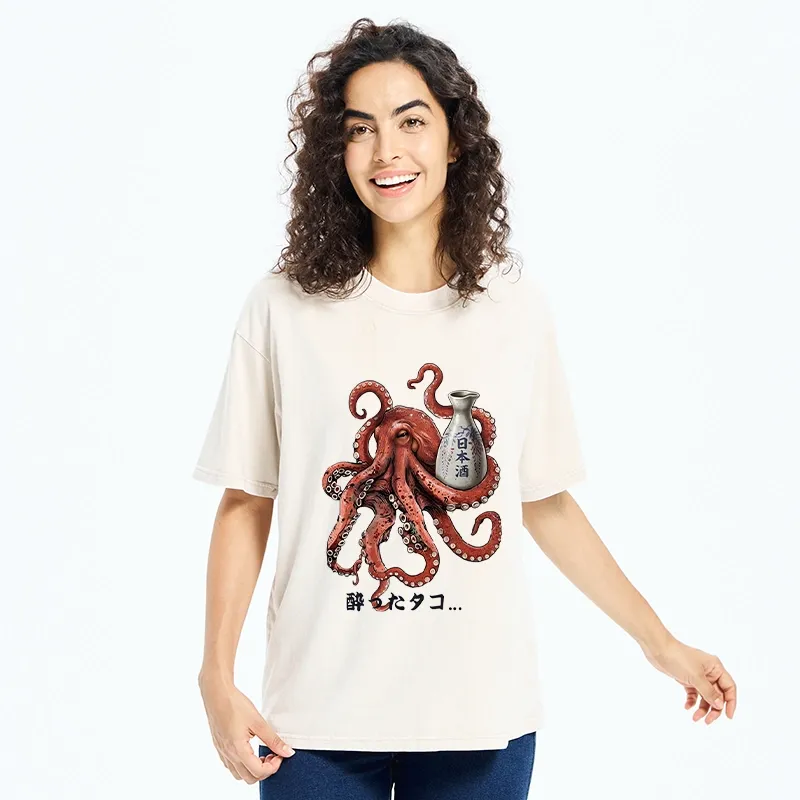 Tokyo-Tiger Japanese Drunken Octopus Sake Pot Art Washed T-Shirt