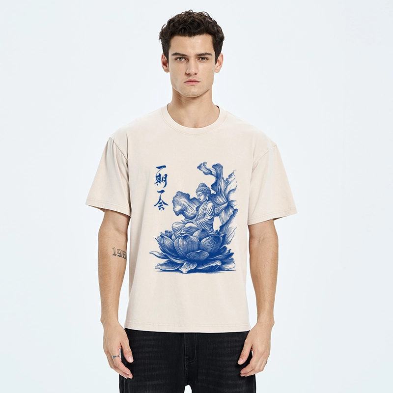 Tokyo-Tiger Calm Buddha On Big Lotus Zen Graphic Washed T-Shirt