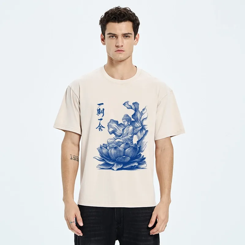 Tokyo-Tiger Calm Buddha On Big Lotus Zen Graphic Washed T-Shirt