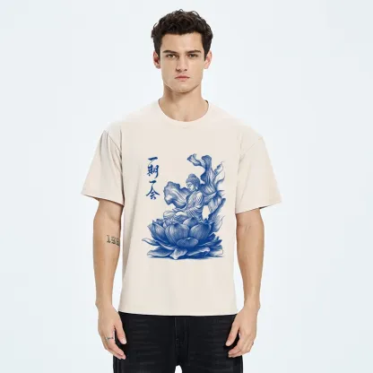 Tokyo-Tiger Calm Buddha On Big Lotus Zen Graphic Washed T-Shirt