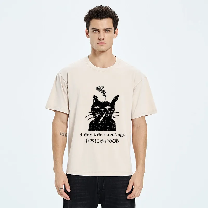 Tokyo-Tiger Sassy Smoke Cat Morning Hater Meme Art Washed T-Shirt