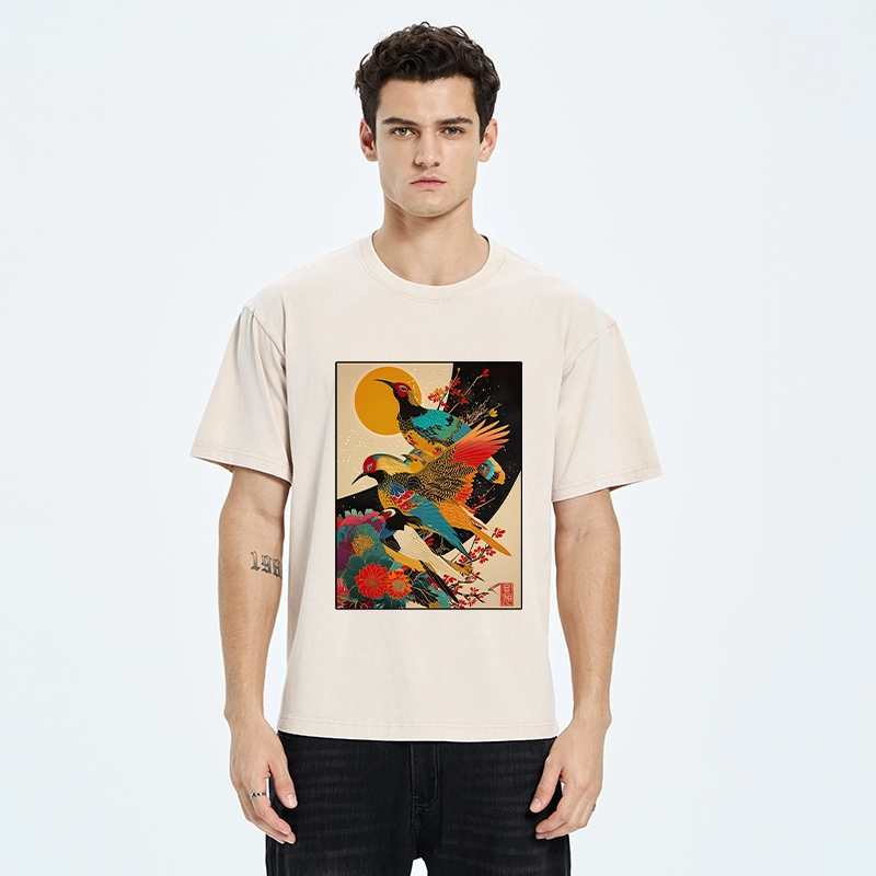 Tokyo-Tiger Sunrise Pheasants Blossom Oriental Art Design Washed T-Shirt