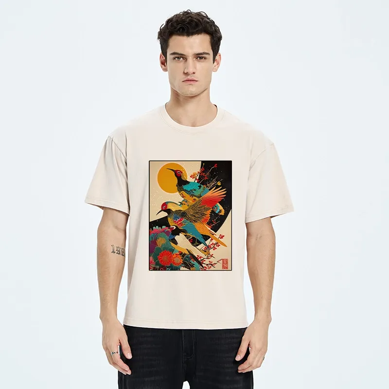 Tokyo-Tiger Sunrise Pheasants Blossom Oriental Art Design Washed T-Shirt