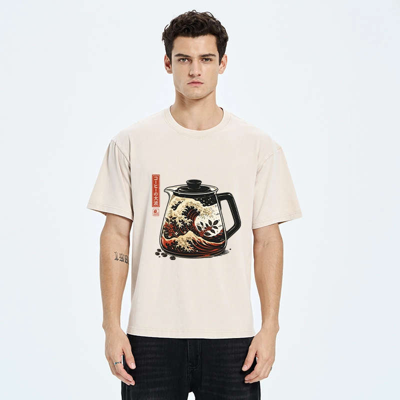 Tokyo-Tiger Coffee Pot Great Wave Coffee Beans Art Washed T-Shirt