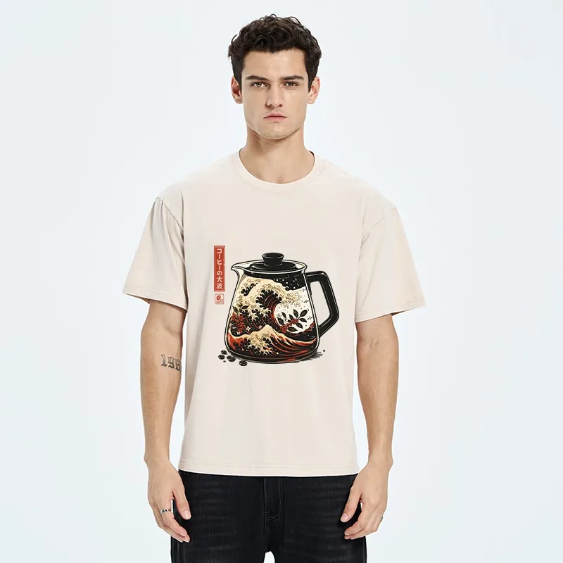 Tokyo-Tiger Coffee Pot Great Wave Coffee Beans Art Washed T-Shirt