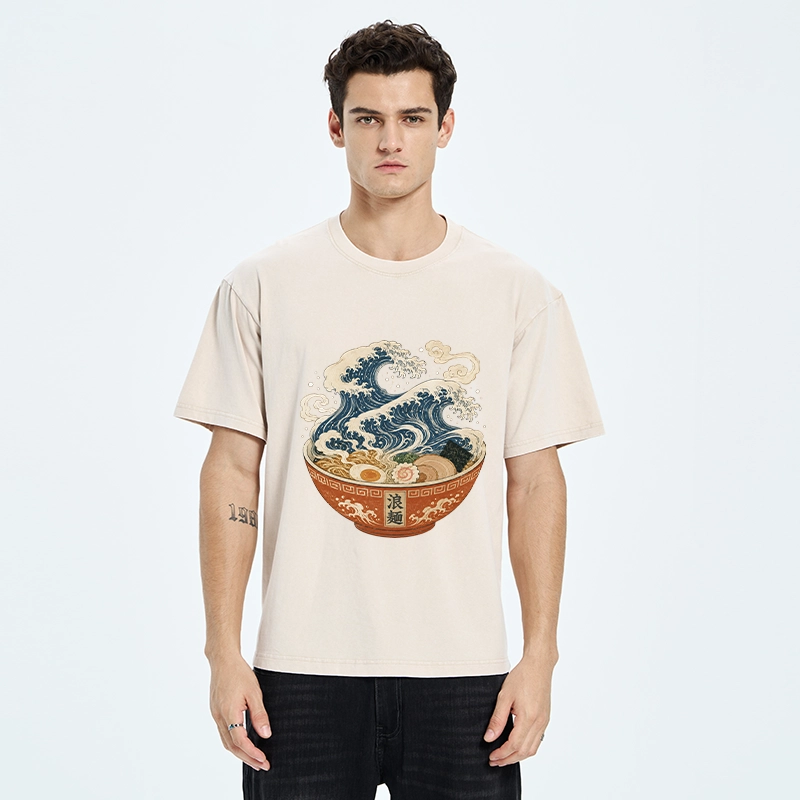 Tokyo-Tiger Ramen Bowl Holds Giant Ocean Wave Graphic Washed T-Shirt